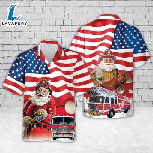 American Flag With Firefighter Fire Truck Christmas Hawaiian Shirt