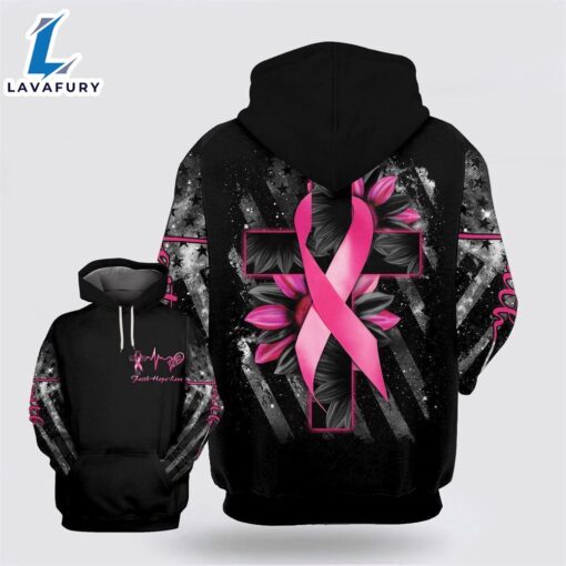 Breast Cancer Awareness Faith Hope Love Ribbon With Sunflower And Cross Hoodie