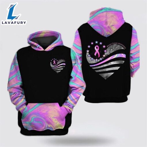 Breast Cancer Awareness Heart Shape Holographic Color Black Hoodie