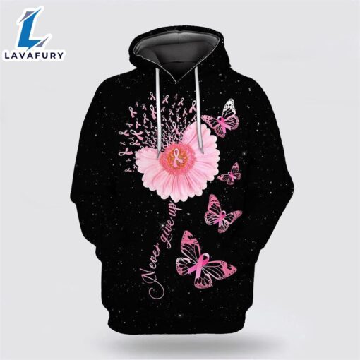 Breast Cancer Never Give Up Flowers And Butterflies Black Pink Hoodie