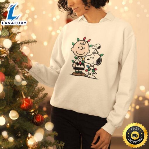 Charlie Brown and Snoopy Wrapped In Christmas Lights Crewneck Sweater  Merry Christmas Shirt