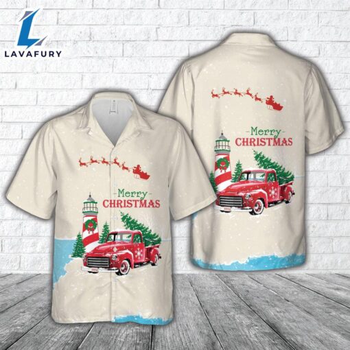 Christmas Vintage Red Truck with Lighthouse, and Pine tree Hawaiian Shirt