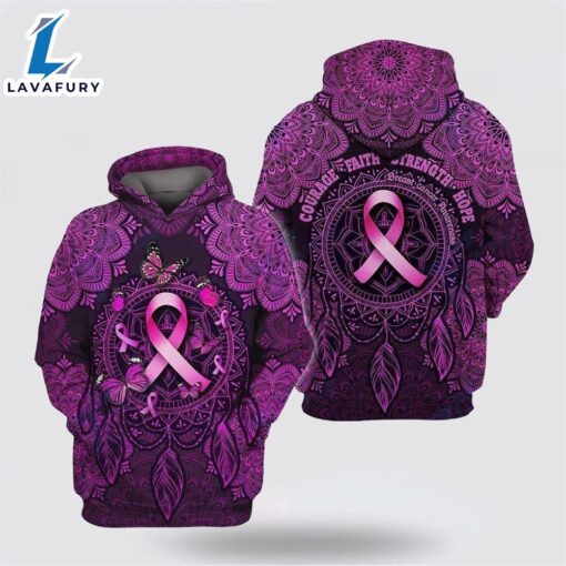 Courage Faith Strength Hope Breast Cancer Awareness Mandala Pink Hoodie