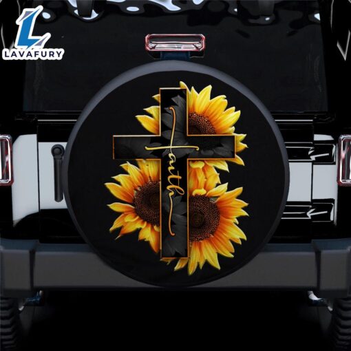 Cross Sunflower Faith Car Spare Tire Covers Gift For Campers