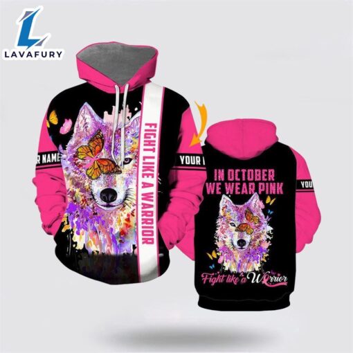 Customized Breast Cancer Watercolor Wolf Butterfly All Over Print Hoodie