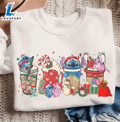 Cute Stitch and Angel Coffee Tea Sweater, Disney Couples Xmas Latte Drink Cup Lights Tee, Lilo Stitch Epcot Shirt