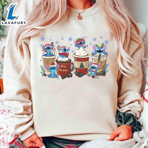 Cute Stitch and Angel Coffee Tea SweatShirt, Disney Couples Xmas Latte Drink Cup Lights, Lilo Stitch Epcot Shirt, Disneyland Vacation Gift