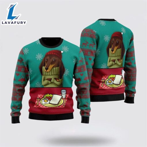 Funny Dachshund Breakfast Ugly Christmas Sweater For Men And Women  Gift Dog Loves