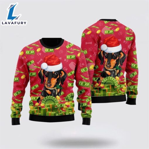 Funny Dachshund & Money Ugly Christmas Sweater For Men And Women  Gift Dog Loves