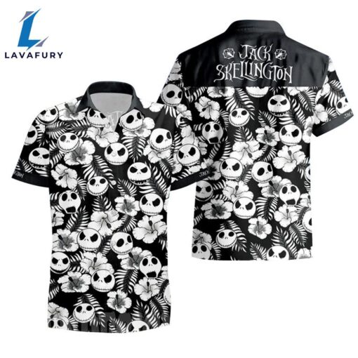 Jack Skellington Flower Tropical Black White Polo Shirt