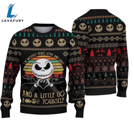 Jack Skellington Mostly Peace Love Light Christmas Ugly Sweater