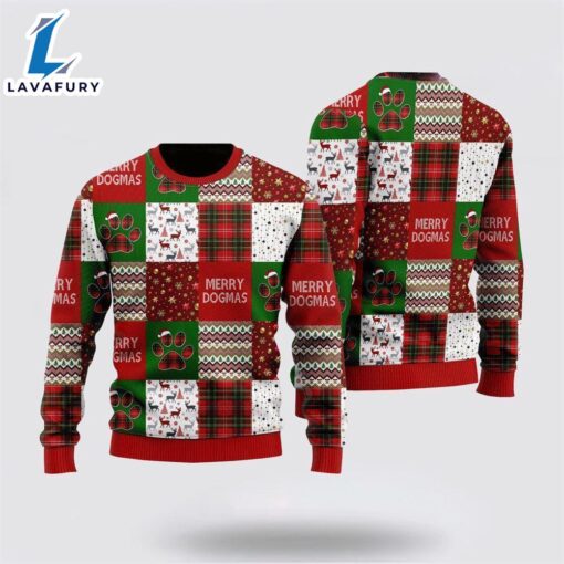 Merry Dogmas Paws Patchwork Pattern Ugly Christmas Sweater For Men And Women  Gift Dog Loves