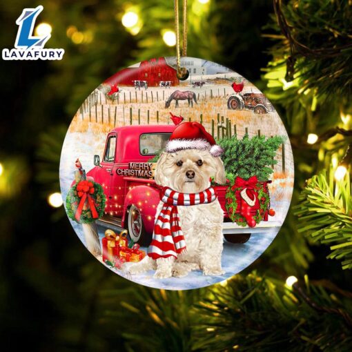 Christmas 2024  Morkie With Red Truck Christmas Ornament, Gift For Christmas