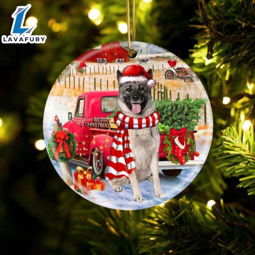 Christmas 2024  Norwegian Elkhound With Red Truck Christmas Ornament, Gift For Christmas