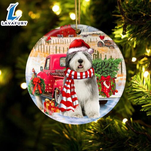 Christmas 2024  Old English Sheepdog With Red Truck Christmas Ornament, Gift For Christmas