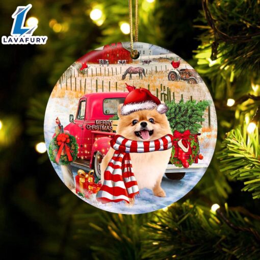 Christmas 2024  Pomeranian With Red Truck Christmas Ornament, Gift For Christmas