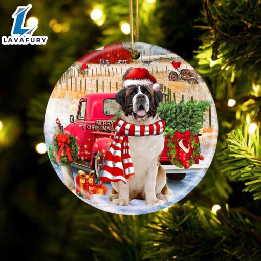 Christmas 2024  St Bernard With Red Truck Christmas Ornament, Gift For Christmas