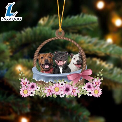 Staffordshire Bull Terrier Dogs In The Basket Ornament, Gift For Christmas Dog Loves