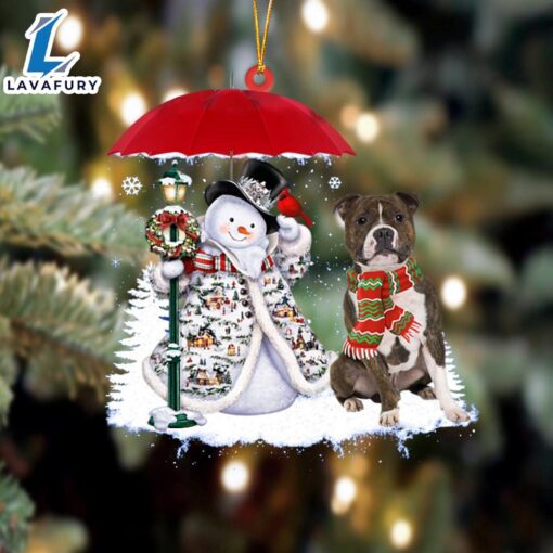 Staffordshire Bull Terrier With Snowman Christmas Ornament, Gift For Christmas Dog Loves