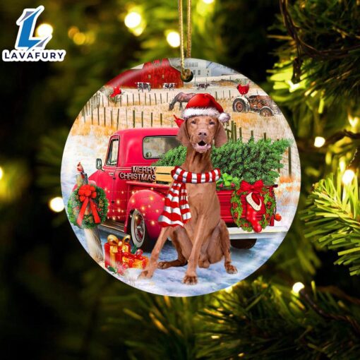 Christmas 2024  Vizsla With Red Truck Christmas Ornament, Gift For Christmas