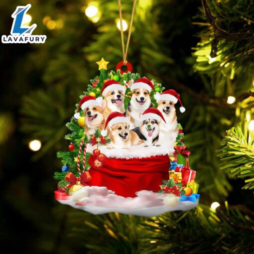 Welsh Corgi Dogs In A Gift Bag Christmas Ornament, Gift For Christmas Dog Loves