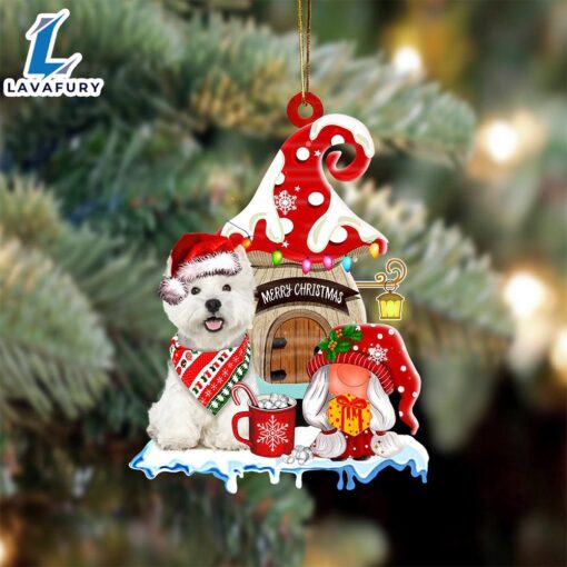 West-Highland-White-Terrier With Mushroom House Christmas Ornament, Gift For Christmas Dog Loves