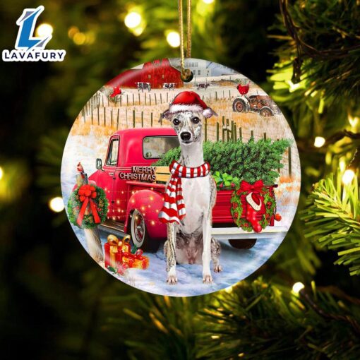 Christmas 2024  Whippet With Red Truck Christmas Ornament, Gift For Christmas