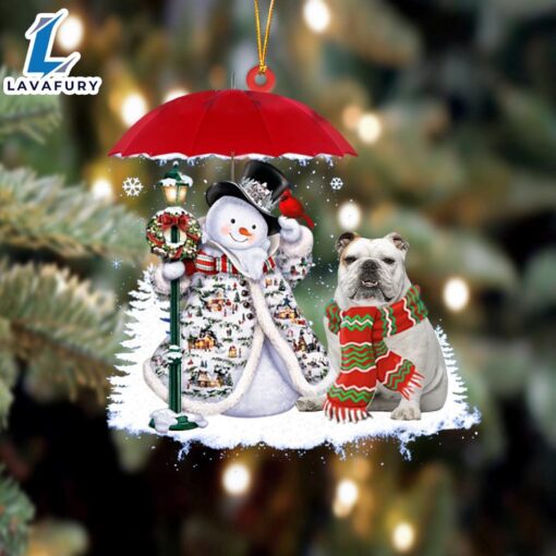 White American Bulldog With Snowman Christmas Ornament, Gift For Christmas Dog Loves