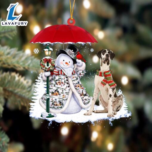 White Great Dane With Snowman Ornament, Gift For Christmas Dog Loves