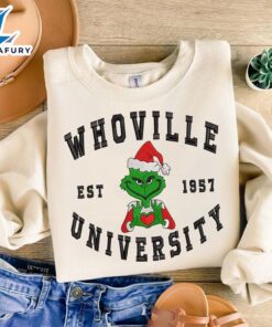 Whoville University Est 1957 Embroidered Sweatshirt, Embroidered Christmas Sweatshirt, Christmas Grinch, Embroidered Grinch, Gift For MomFunny Christmas Shirt