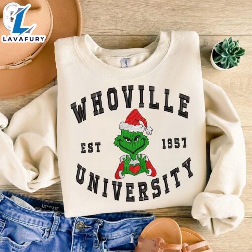 Whoville University Est 1957 Embroidered Sweatshirt, Embroidered Christmas Sweatshirt, Christmas Grinch, Embroidered Grinch, Gift For MomFunny Christmas Shirt