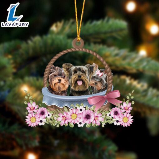 Yorkshire Terrier Dogs In The Basket Ornament, Gift For Christmas Dog Loves