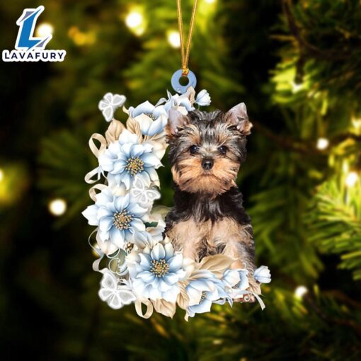 Yorkshire Terrier Flowers Moon Ornament, Gift For Christmas Dog Loves