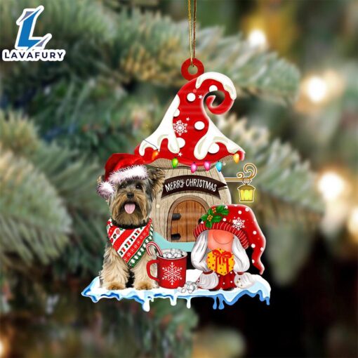 Yorkshire-Terrier With Mushroom House Christmas Ornament, Gift For Christmas Dog Loves