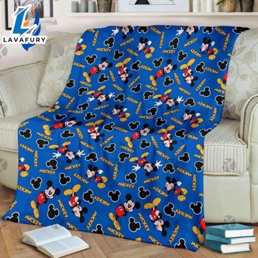 Disney Mickey Mouse Cute Emotionals Pattern In Blue Background Blanket