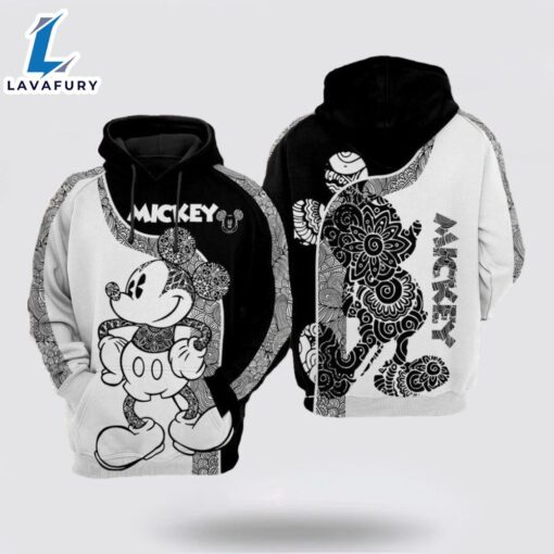 Mickey Mouse Black White Over Print 3D Hoodie- Mickey 3D Shirts Gift