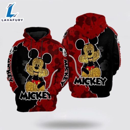 Mickey Mouse Glitter Red And Black Over Print 3D Hoodie – Mickey 3D Shirts Gift