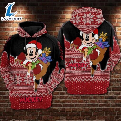 Mickey Mouse Santa Carrying Xmas Gift Bag Ugly Christmas Hoodie 3D Printed – Shirts Gift for Mickey Lovers