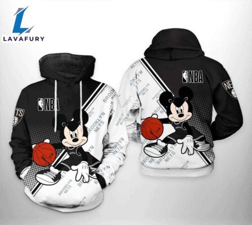 NBA Brooklyn Nets Black White Mickey Pullover Hoodie AOP Shirt