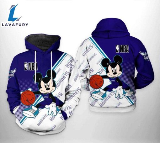 NBA Charlotte Hornets White Dark Purple Mickey Pullover Hoodie AOP Shirt