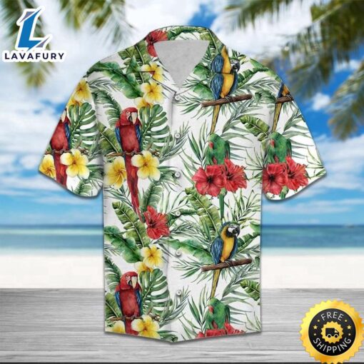 Parrot Hibiscus Flowers Tropical Hawaiian Shirt Summer Button Up