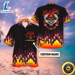 Personalized Firefighter Skull Flame Hawaiian…