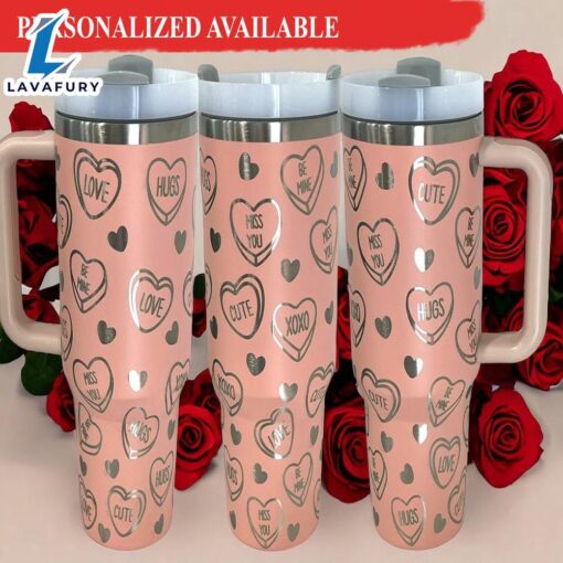 40 oz Valentines Candy Hearts Tumbler with Handle – Laser engraved tumbler with lid and straw – 40oz Tumbler with Handle