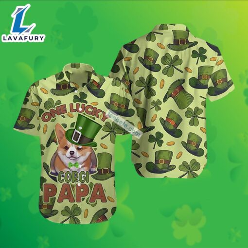 Corgi One Lucky Papa Shamrock St Patrick Green Hawaiian T Shirt Womens 2025