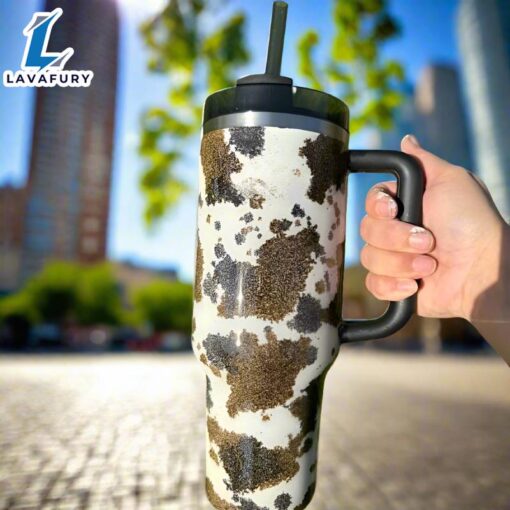 Cow Patterned 40 Oz Tumbler With Handle