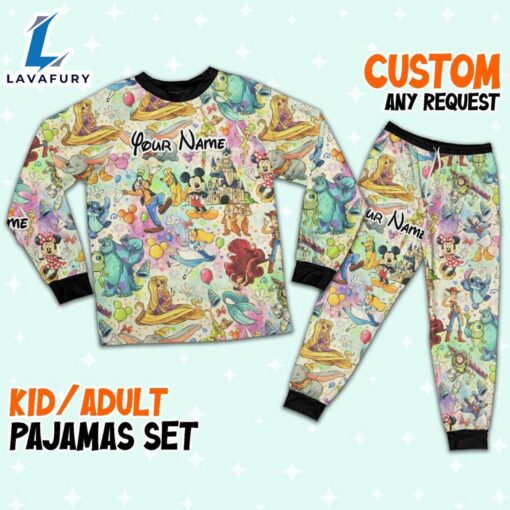 Custom Disney Famous Characters Colorful Team Pajamas Set – Movie Cartoon Holiday Pajamas