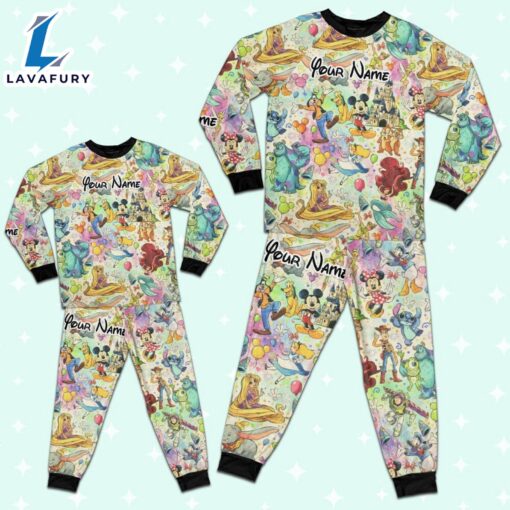 Custom Disney Famous Characters Colorful Team Pajamas Set – Movie Cartoon Holiday Pajamas