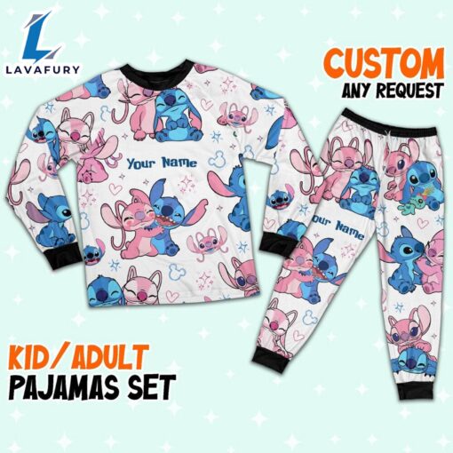 Custom Disney Friends Stitch and Angel Colorful Pajamas Set – Movie Cartoon Holiday Pajamas