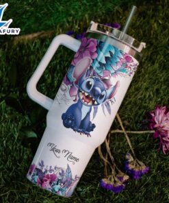 Custom Name Stitch Flower Tumbler With Handle