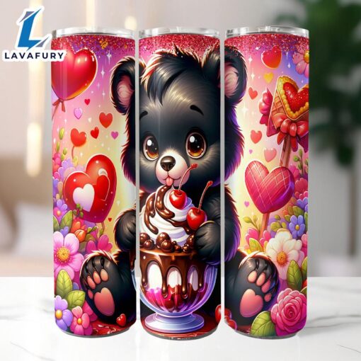 Cute Bear Valentines Sundae 20 Oz Skinny Tumbler, Bear Tumbler, Valentine Tumbler